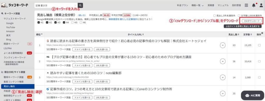 ラッコキーワードを使った見出し抽出方法